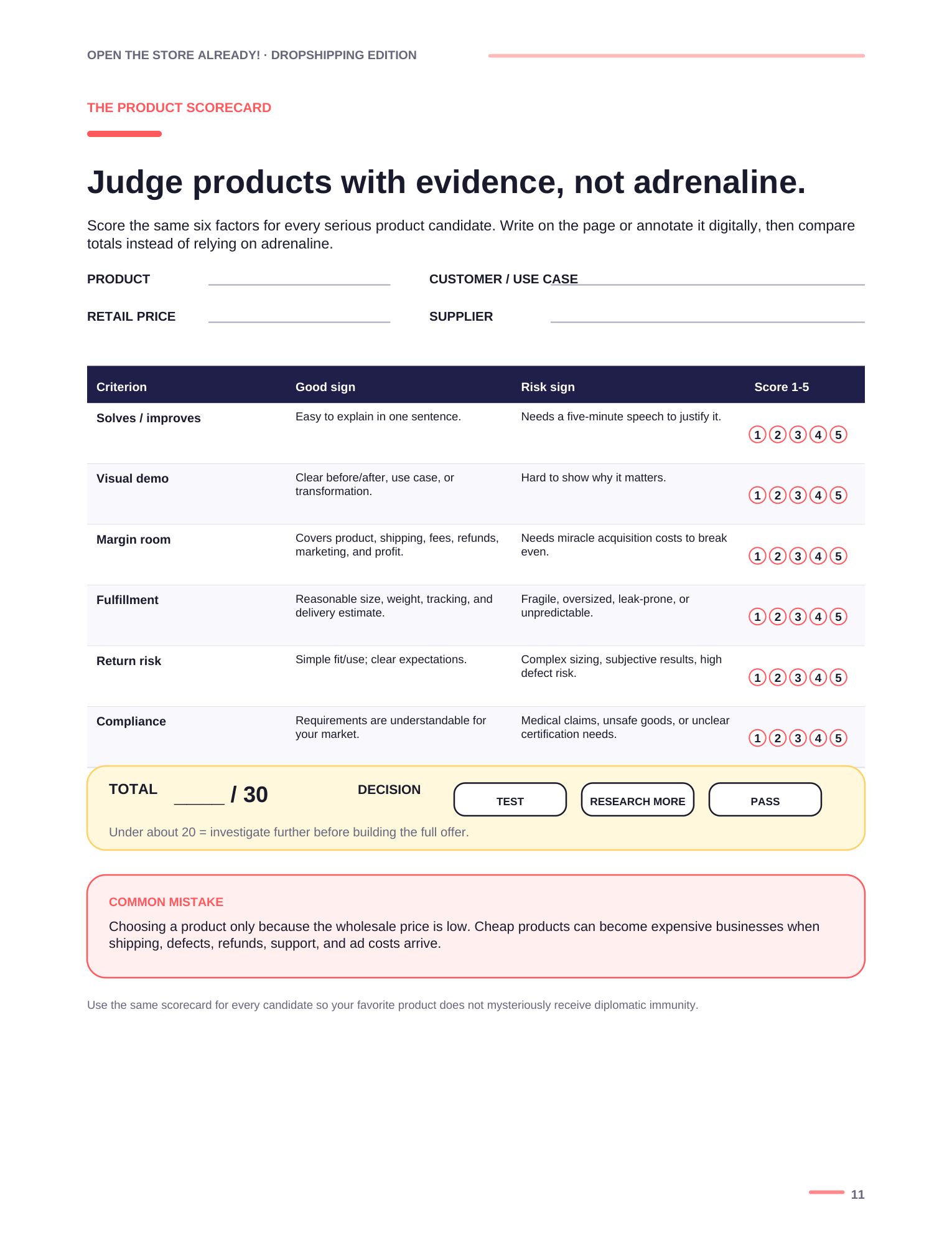 Product Scorecard worksheet preview from Open the Store Already! Dropshipping Edition
