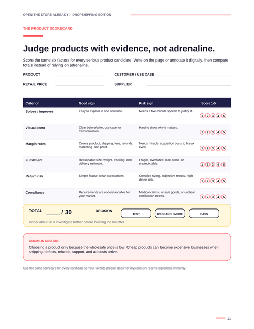 Product Scorecard worksheet preview from Open the Store Already! Dropshipping Edition