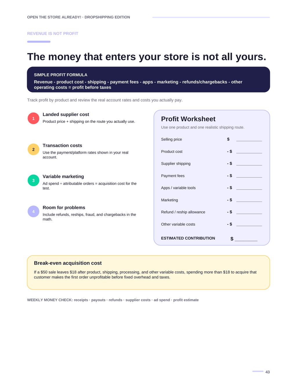 Profit worksheet preview from Open the Store Already! Dropshipping Edition