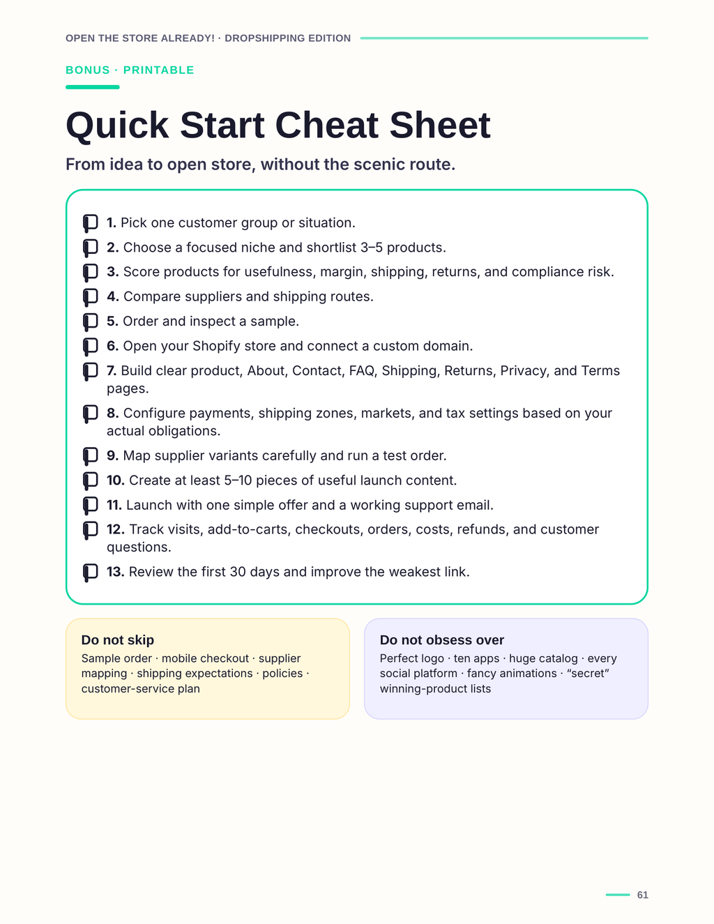 Quick Start Cheat Sheet preview from Open the Store Already! Dropshipping Edition