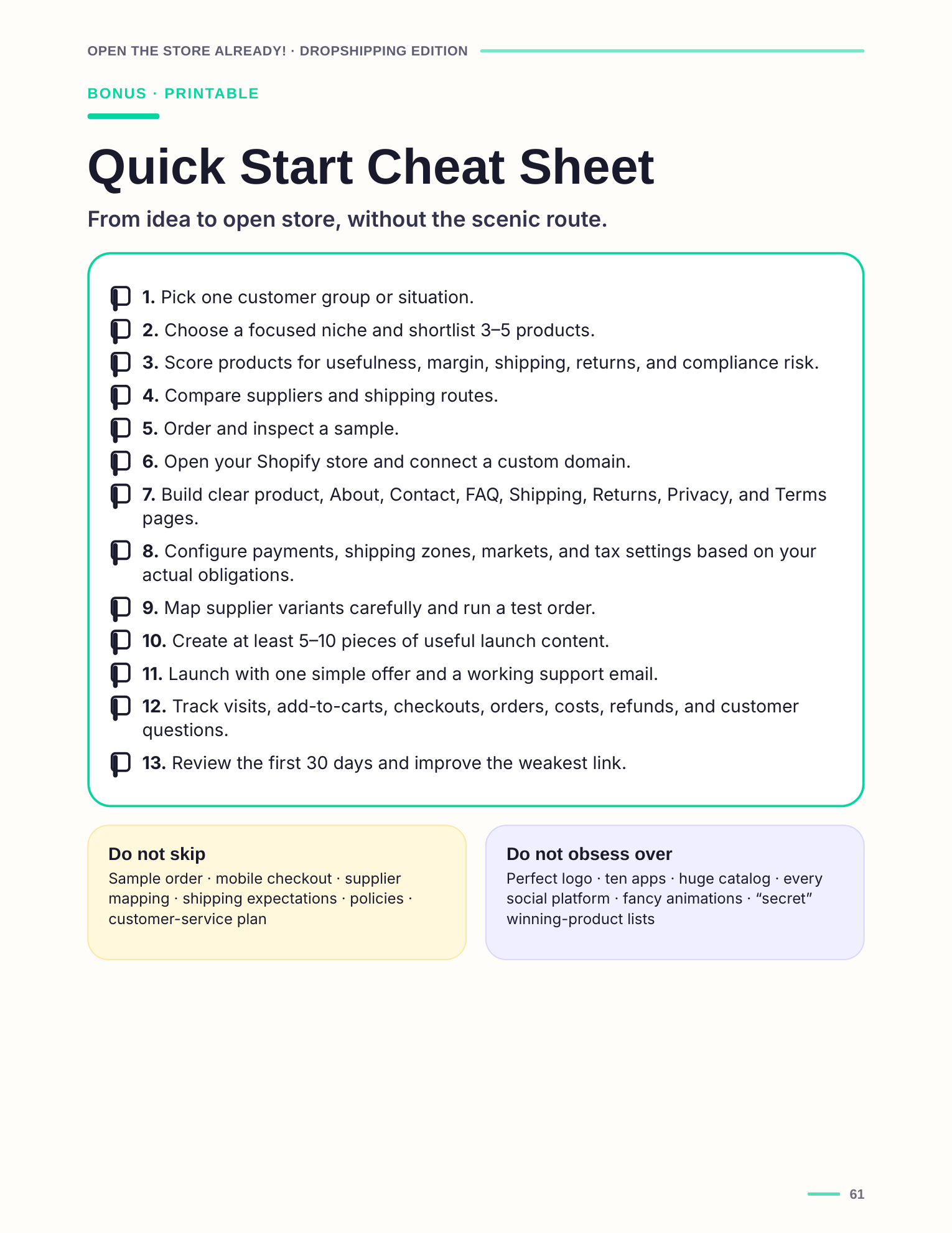 Quick Start Cheat Sheet preview from Open the Store Already! Dropshipping Edition