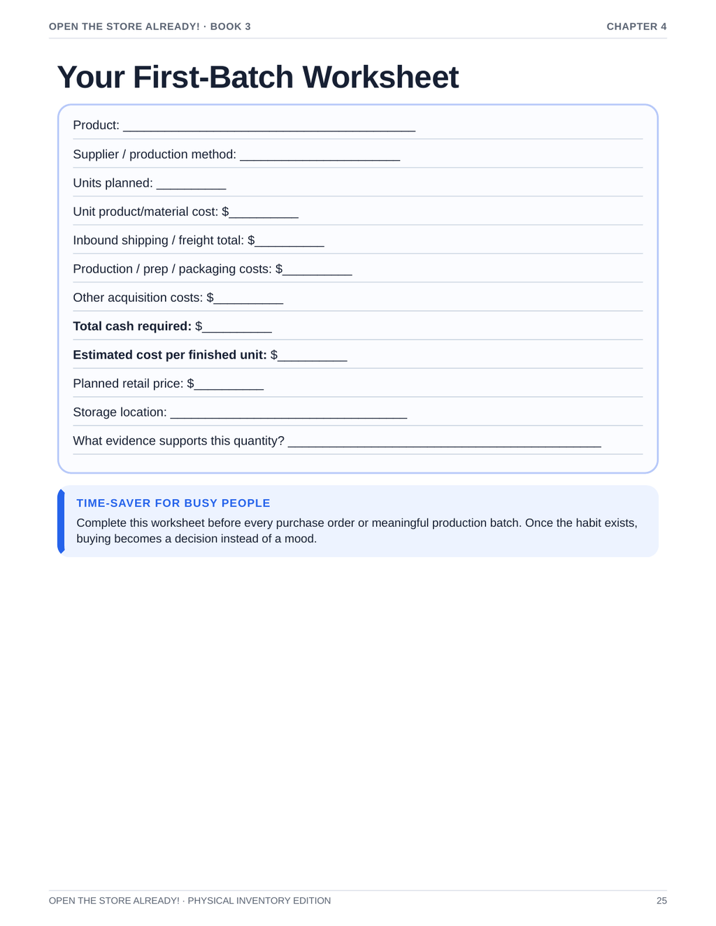 Inside the Physical Inventory guide: first-batch planning worksheet